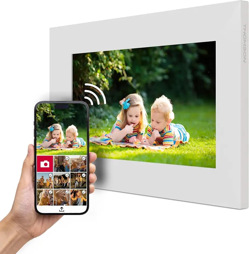 Thomson Digitaler Bilderrahmen 7 Zoll, IPS-Bildschirm, HD-Touchscreen, Direktes Teilen über iOS/Android App, Smart-Funktionen, Elektronischer Fotorahmen mit 32 GB Speicher, Automatische Drehung, Weiß