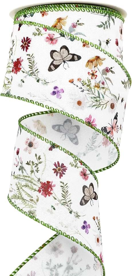JarThenaAMCS Wildflower Wired Edge Ribbon Watercolor Floral Butterfly Fabric Wrapping Ribbons Spring Summer Craft Ribbon for Wedding Baby Shower Birthday DIY Wreath Bow Making, 12 Yards