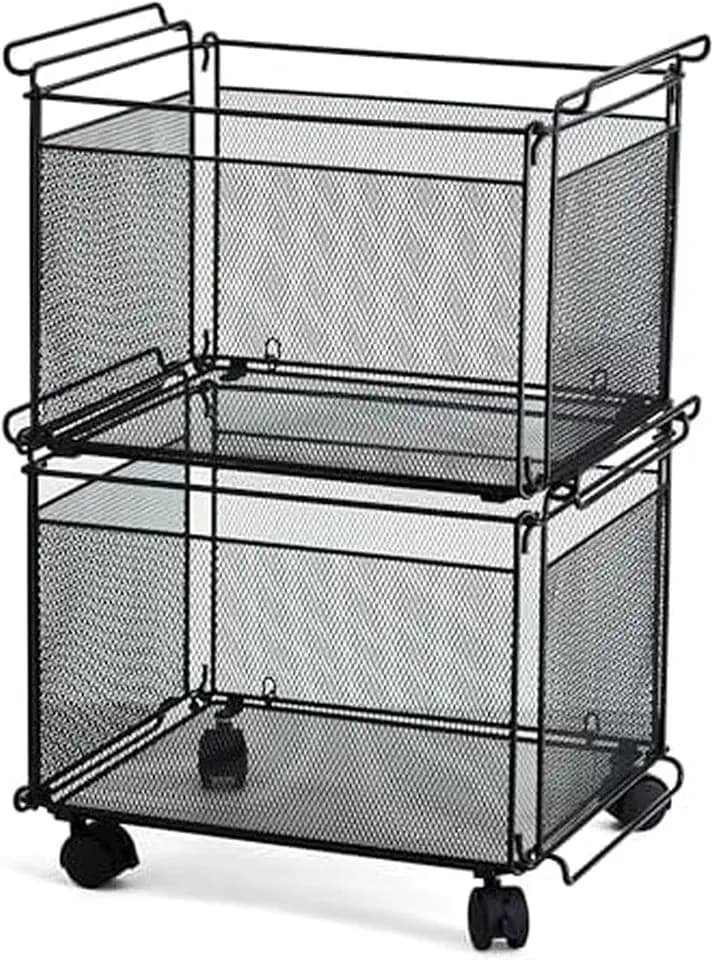 Artesa Presa Rolling Collapsible Stackable File Storage Organizer Basket, Set of 2, Black