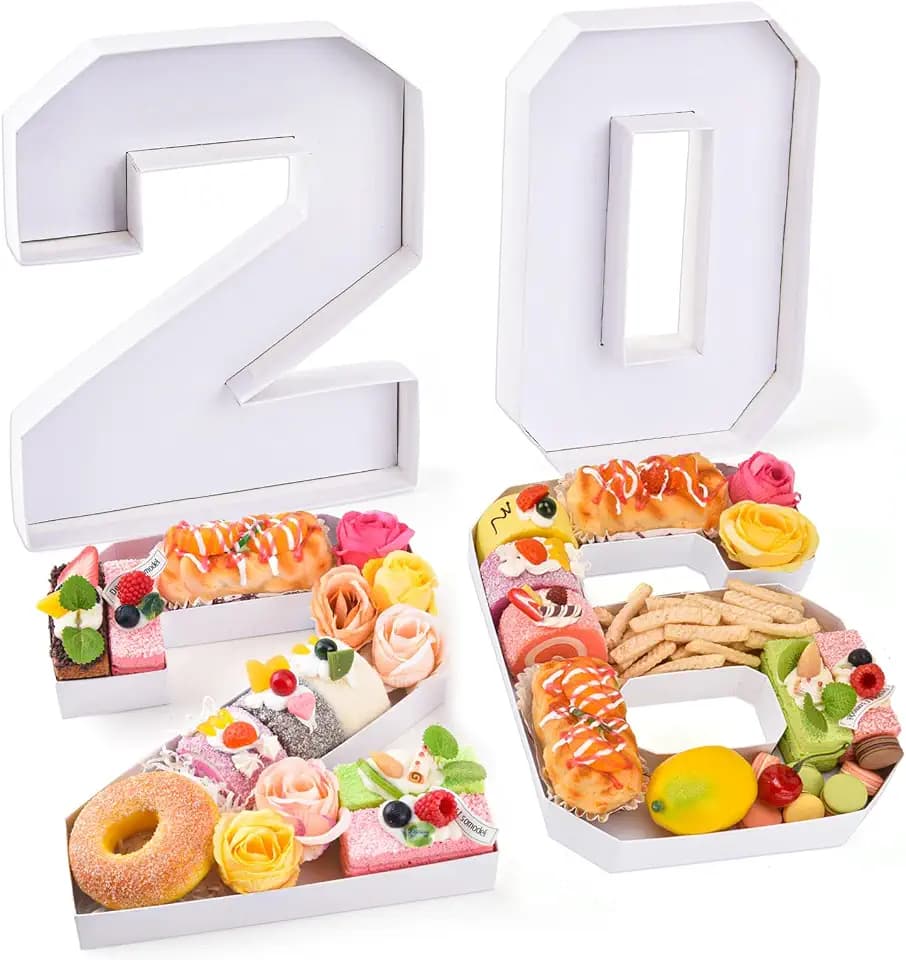 2026 Set Cardboard Number for Charcuterie 10.2'' Fillable Tray Charcuterie Paper Box for Graduation Anniversary Birthday New Year Party Decorations Chocolate Cookies Goodie Cupcake Box