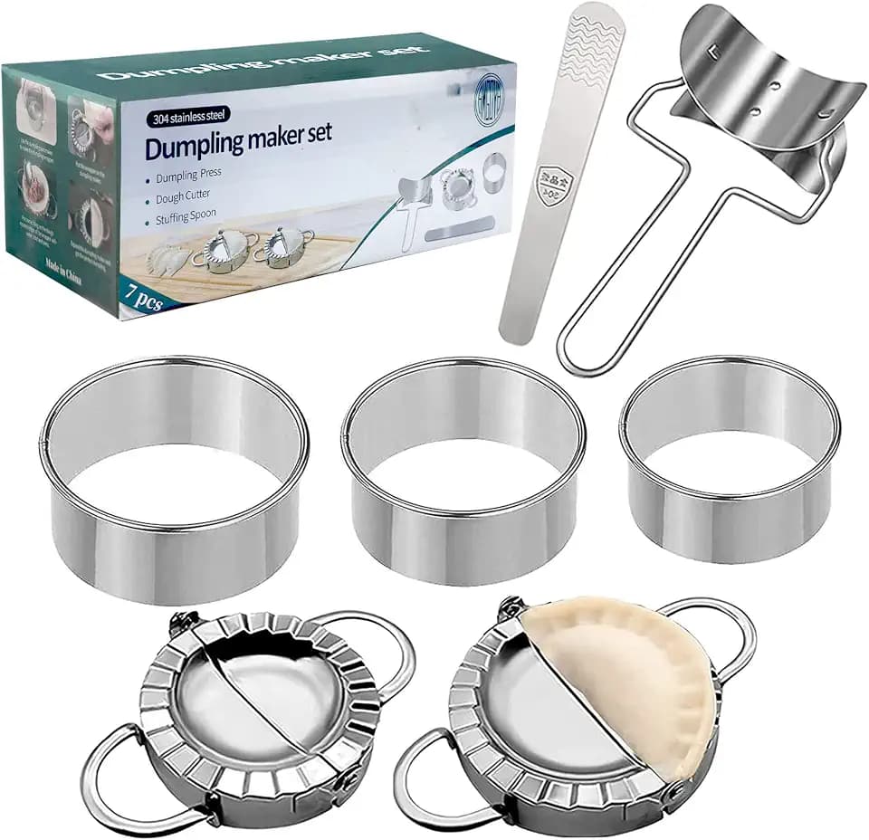 Dumpling Maker Set 7 Piece – Stainless Steel Dumpling Press Kit with Dough Cutter Rings, Empanada Mold & Filling Spoon – DIY Dumpling Maker Tool Set for Gyoza, Pierogi, Ravioli