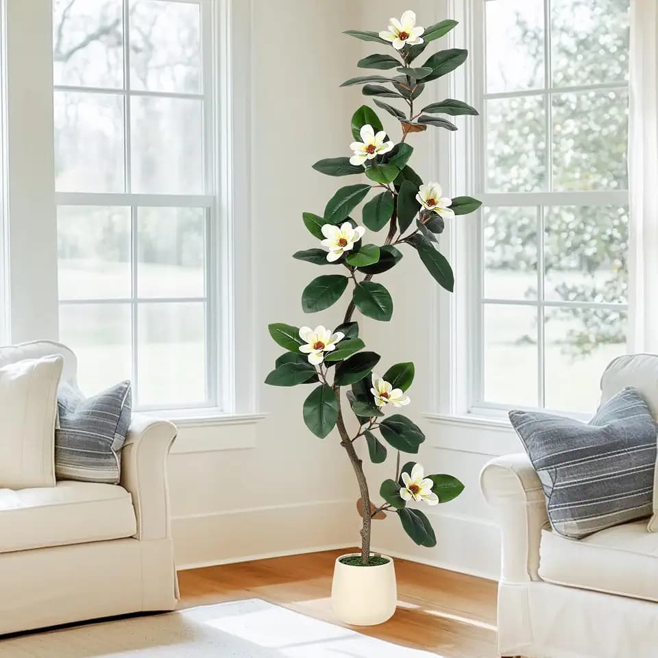 Rubber Tree 6 ft Artificial Tree in White Planter Pot, Faux Plants Indoor