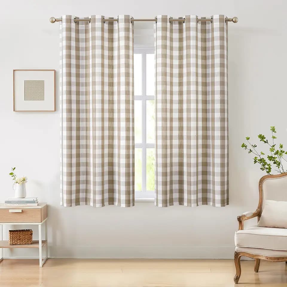 Amzdecor Beige White Buffalo Plaid Grommet Curtains 63 Inch Length