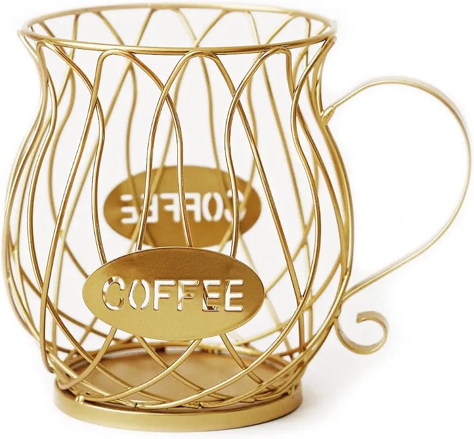 Metal Coffee Pod Holder, Large Capacity Capsule Organizer Basket for Countertop, Creative Cup Shaped Storage for Bar Accessories, Compatible with K-cups & Nespresso (Gold Pot)