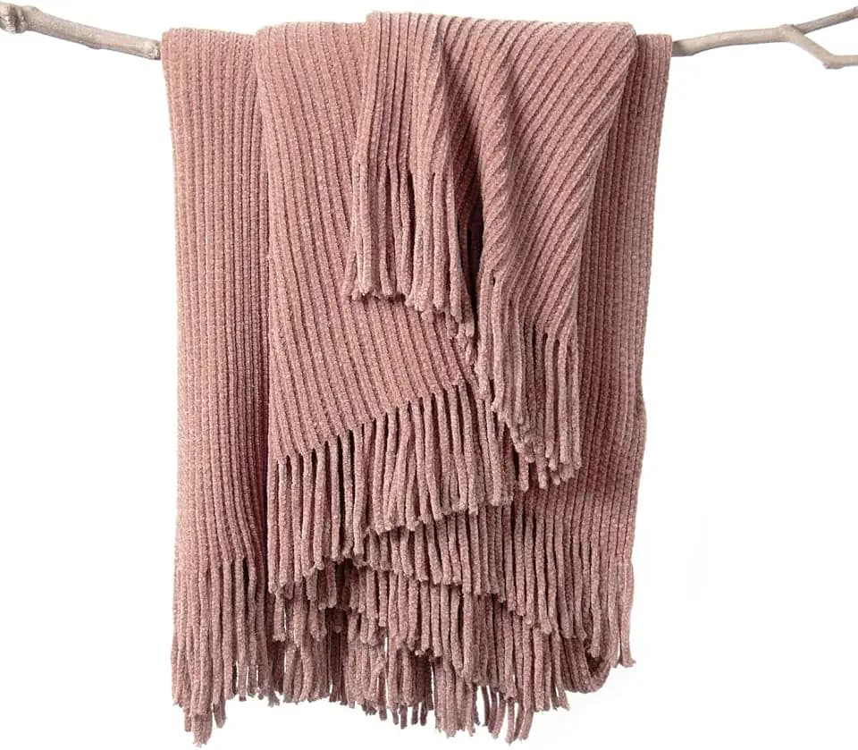 lifein Throw Blanket for Couch, Soft Boho Decor Bed Throw,Cozy Chenille Knitted Small Farmhouse Lightweight Throw (Pink,60 * 80")