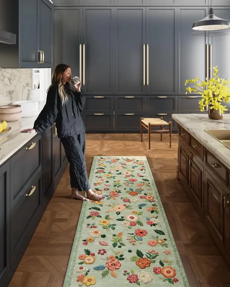 Machine Washable Rug Runners for Hallways: 2x10 Kitchen Rugs Non Slip Low Pile Soft Faux Wool Non Shedding Lightweight Vintage Floral Long Carpet Runner for Entryway Bedroom Laundry Farmhouse