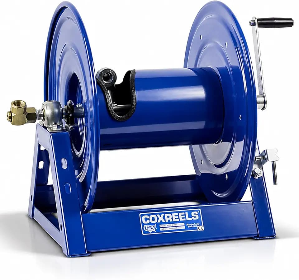 Coxreels 1125-4-200 Hand Crank Steel Hose Reel, 1125 Series - ½" x 200', 3,000 PSI - Heavy Duty All Welded Steel A Frame - Adjustable Tension Break – Made in The USA, Blue