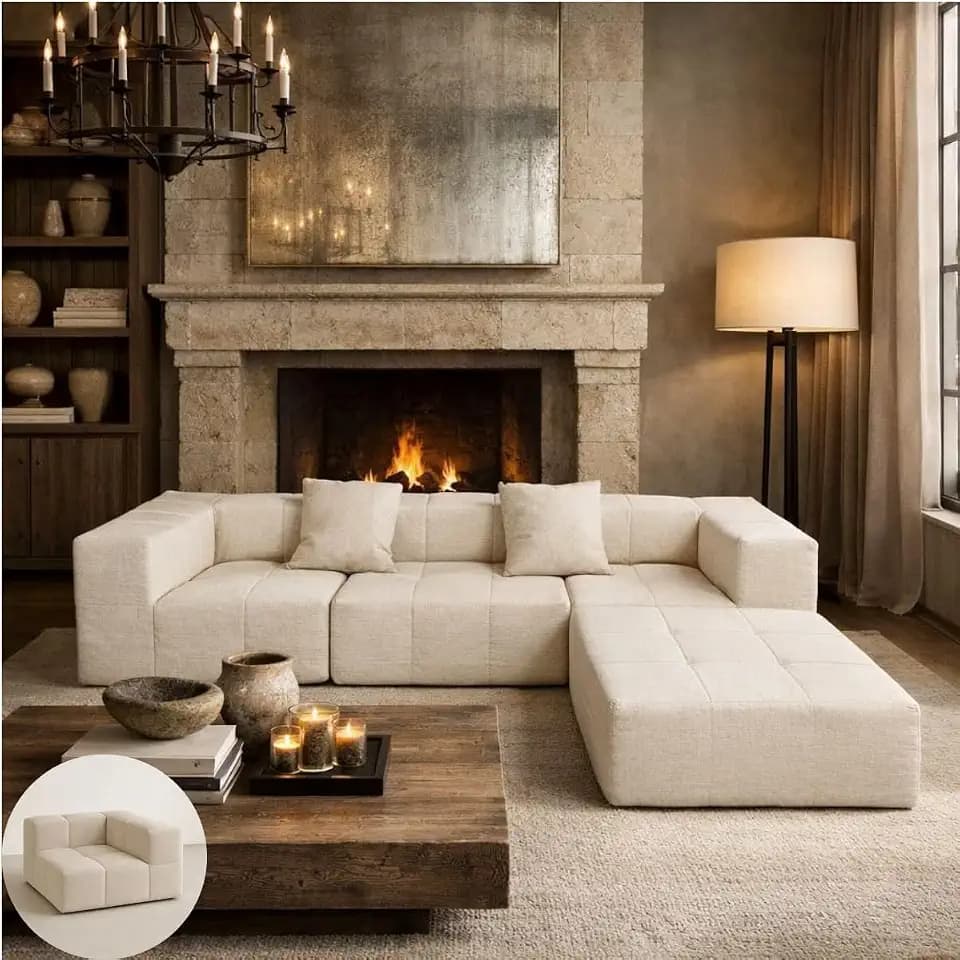 Couch - Waterproof Indoor Outdoor Sofa - Sold Seperately Ottoman Modular Sectional Upholstered - White Beige Cream Taupe Brown Gray Black Boucle Linen (Waterproof Beige, Left Arm)