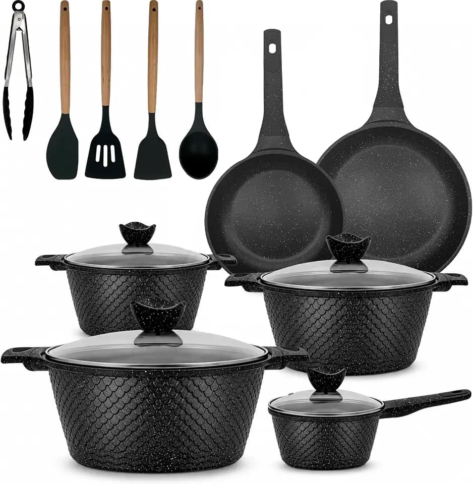 16Pcs Pots and Pans Set Non Stick Stay Cool Handles Dishwasher Safe,Aluminum Cookware Set PTFE/PFOA Free,Induction Cooking Set Fry Pans,Saute Pan,Saucepan with Lid,Utensils,Black-Fish Scale Shaped