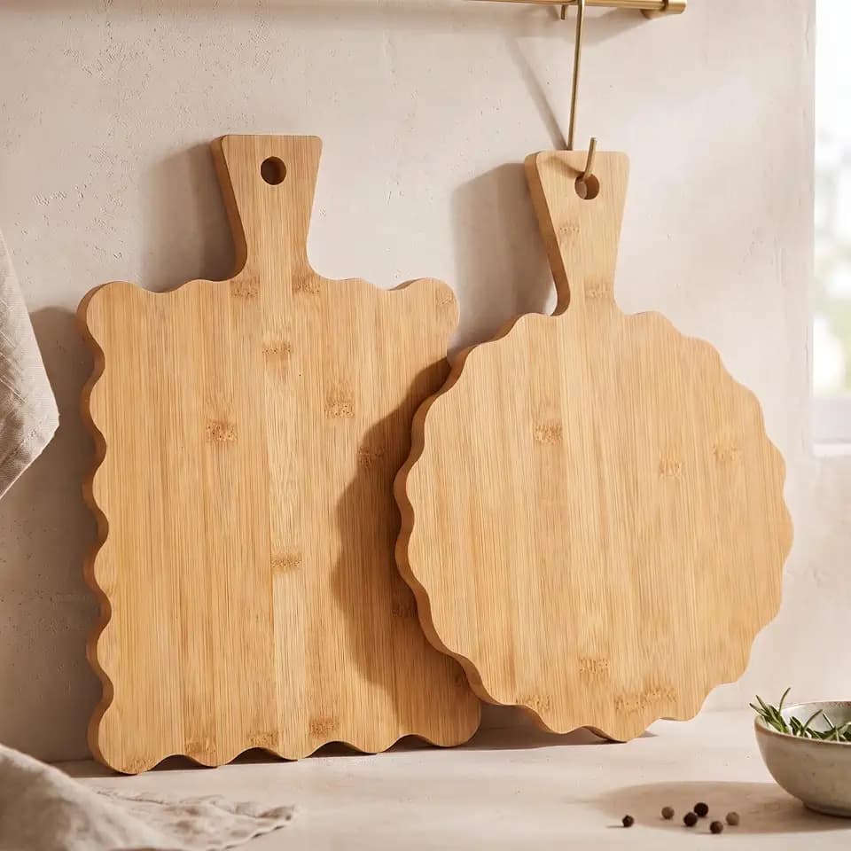 2 Pcs Bamboo Scalloped Wood Cutting Board with Handle for Kitchen