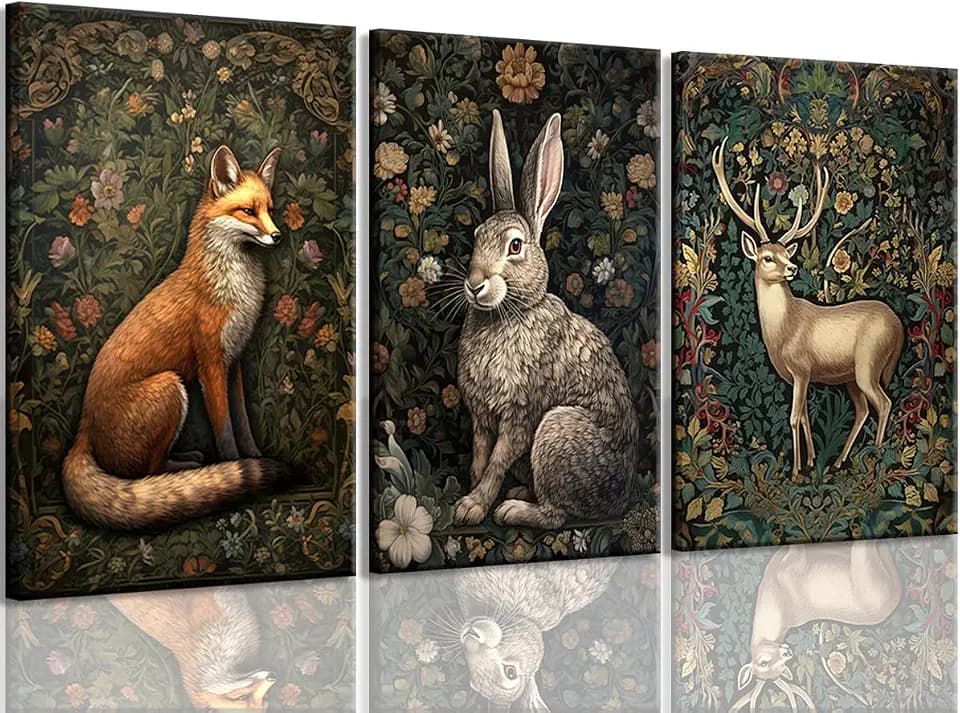 RYZQUBF 3Pcs Framed William Morris Cottagecore Forest Wild Animal Wall Art