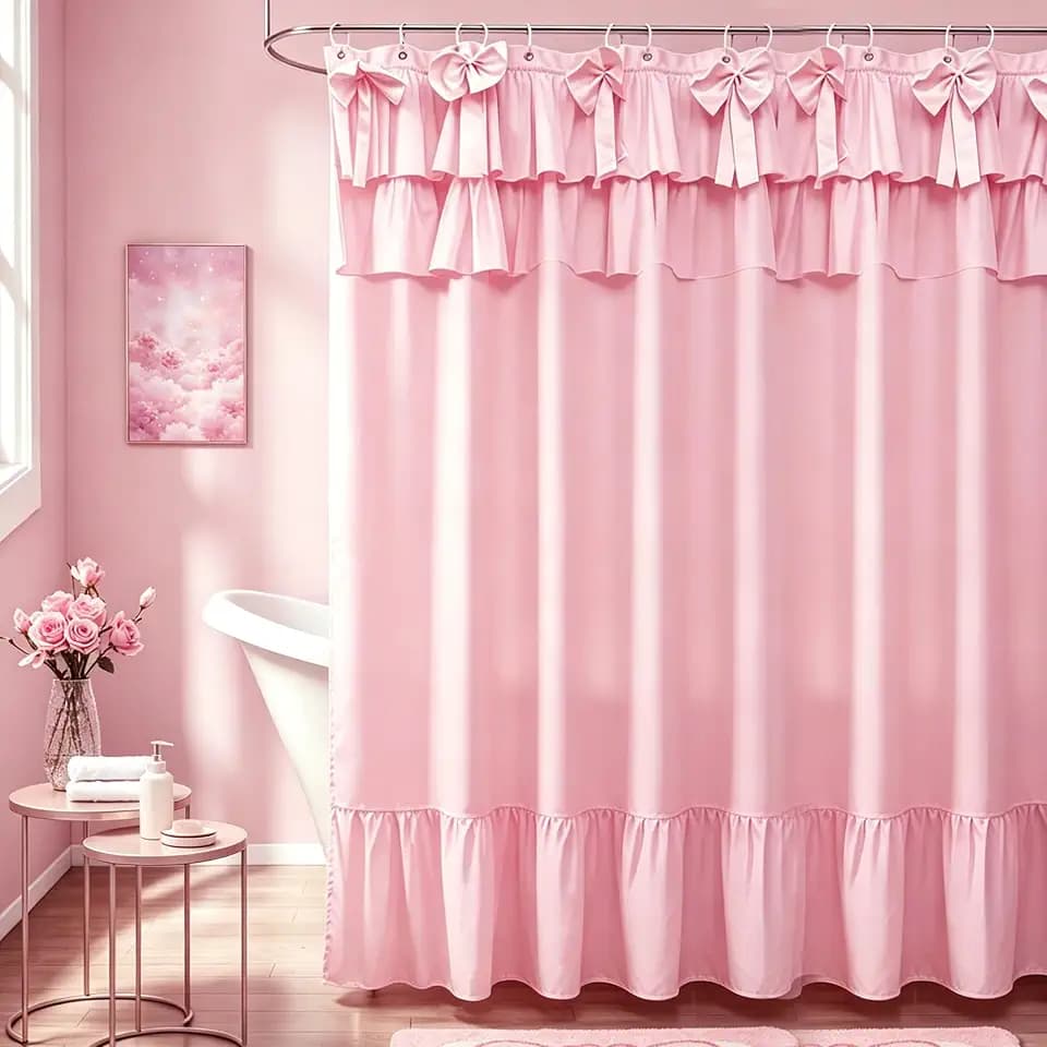 Pink Short Cottagecore Shower Curtain 60'' with Bows - Ruffled Farmhouse Bathroom Decor, Vintage Country Chic Fabric Curtain Sets, Machine Washable, 72x60