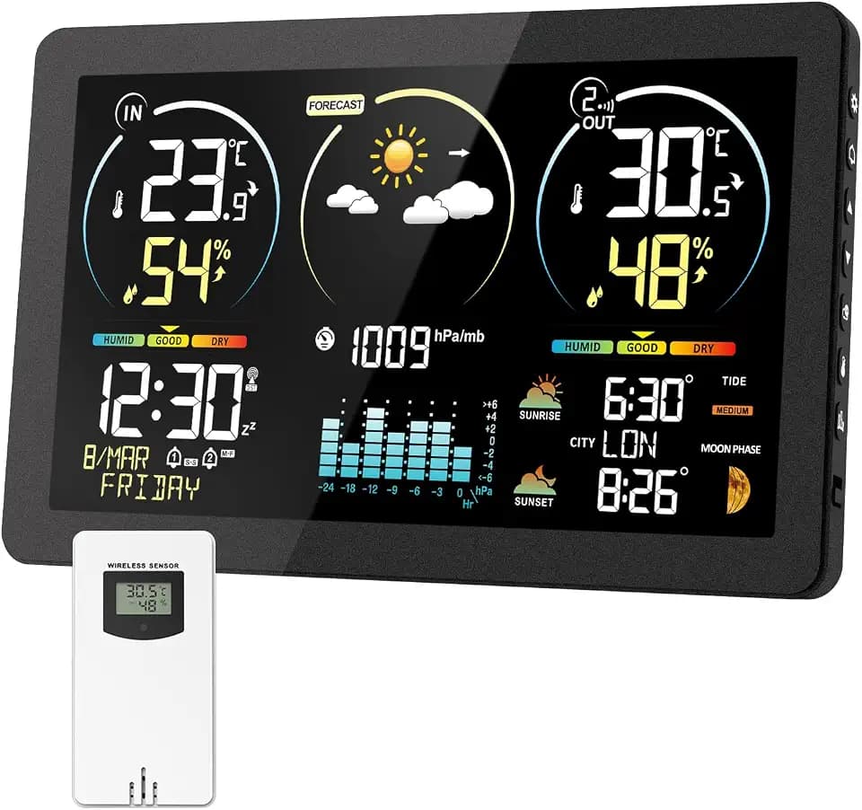 Wetterstation Funk mit Außensensor, 7,8 Zoll Großes Farbdisplay mit Beleuchtung & DCF Funkuhr, Wettervorhersage, Innen- & Außentemperatur, Luftfeuchtigkeit, Luftdruck, Mondphase (Schwarz1)