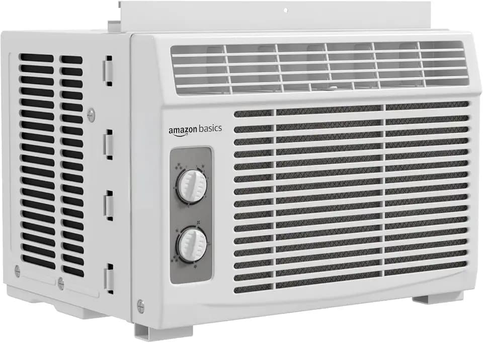 Amazon Basics 5000-BTU Window Air Conditioner with Quiet Operation, Up to 150 Sqf, Cool and Fan Functions, Washable Filter, Adjustable Window Kit, Intuitive Mechanical Controls, for Small Room, White