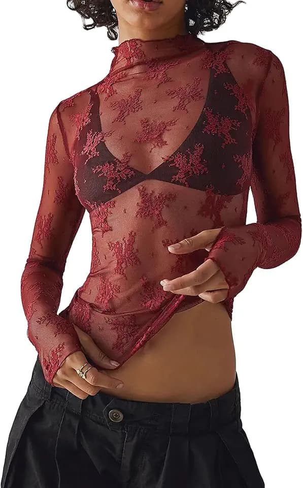 Sheer Mesh Long Sleeve Layering Top for Women Mock Neck Floral Lace Tshirt See Through Tee Shirt Blouse