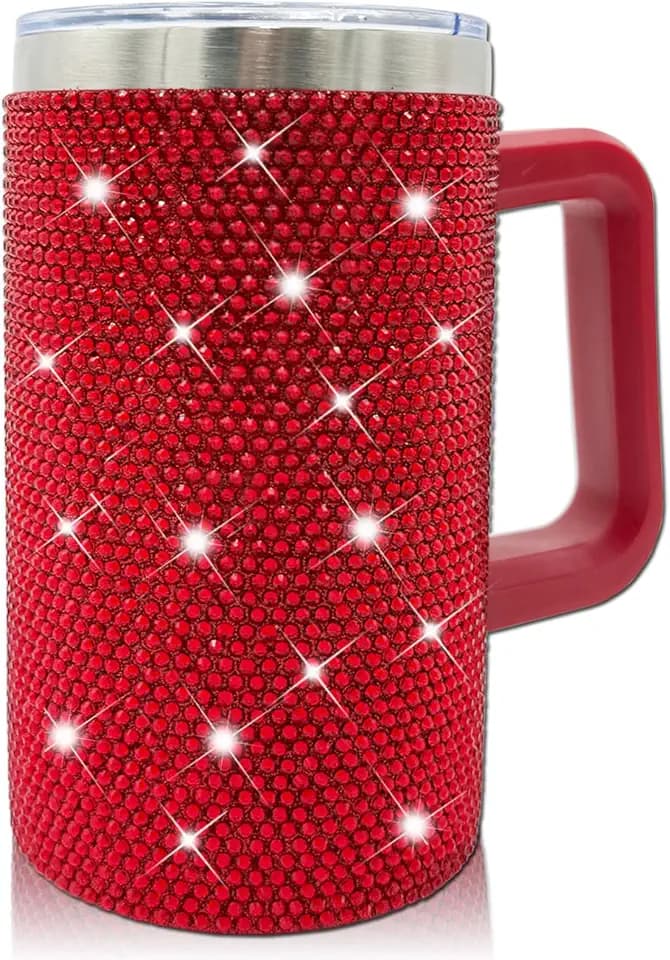 20oz Bling Tumbler With Handle Stainless Steel Rhinestone Insulated Cup with Lid and Straw Double Wall Vacuum Coffee Cup Reusable Glitter Travel Coffee Mug for Cold and Hot (Red)