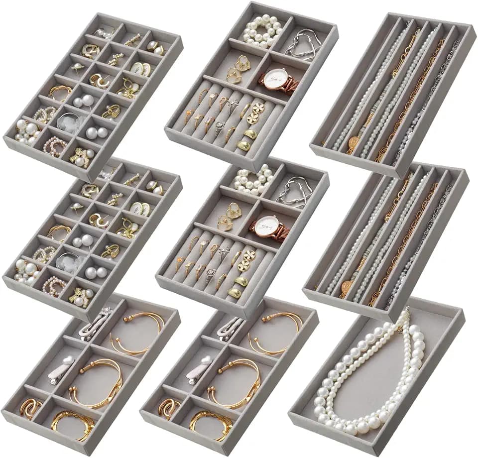 SPAKOWN Stackable Jewelry Organizer Trays Set of 9, Small Velvet Jewelry Organizers Earring Necklace Ring Bracelet Display Case Storage for Drawer Dresser (Grey)