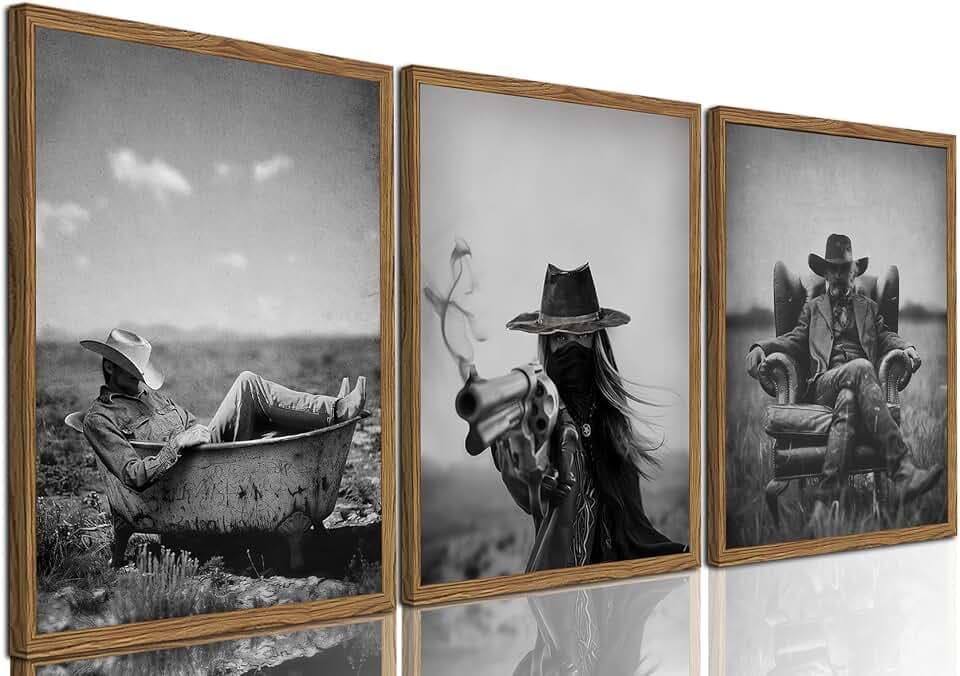 Vintage Black and White Western Cowboy Wall Art Set of 3, Retro Southwestern Wall Decor, Desert Southwest Canvas Painting Prints for Living Room Bedroom Bathroom 12x16 inch Wood Framed