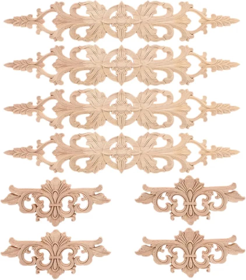 8Pcs Small Wood Appliques Long Decorative Unpainted Onlays Set