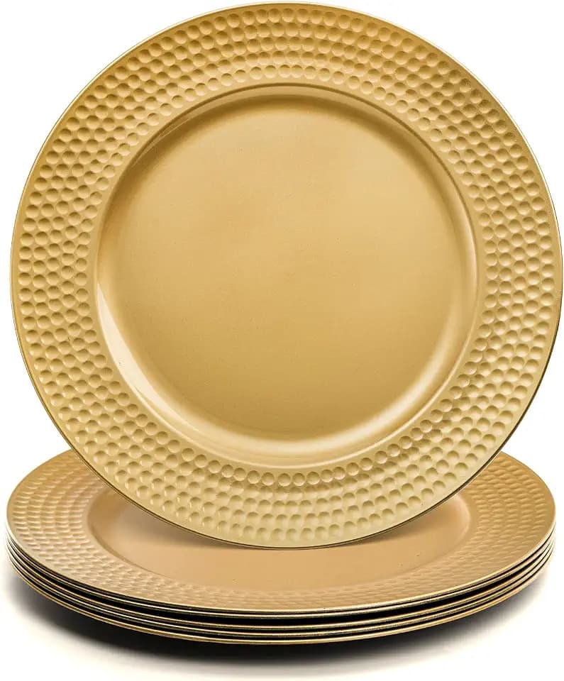Nicunom 12 Pack Gold Charger Plates, 13 Inch Round Charger Plates with Hammered Rim, Plastic Charger Plate for Wedding Dinner Party Event Decoration