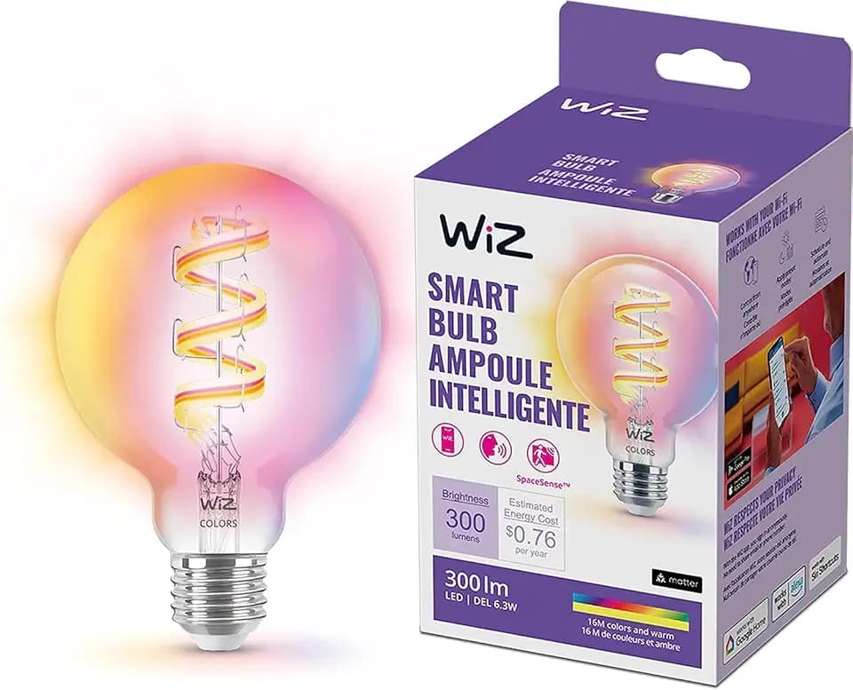 WiZ Connected Color G25 Color Filament LED Smart Bulb - Pack of 1-300 Lumen - E26 Indoor - Connects to Your Existing Wi-Fi - Control with Voice or App + Activate with Motion - Matter Compatible