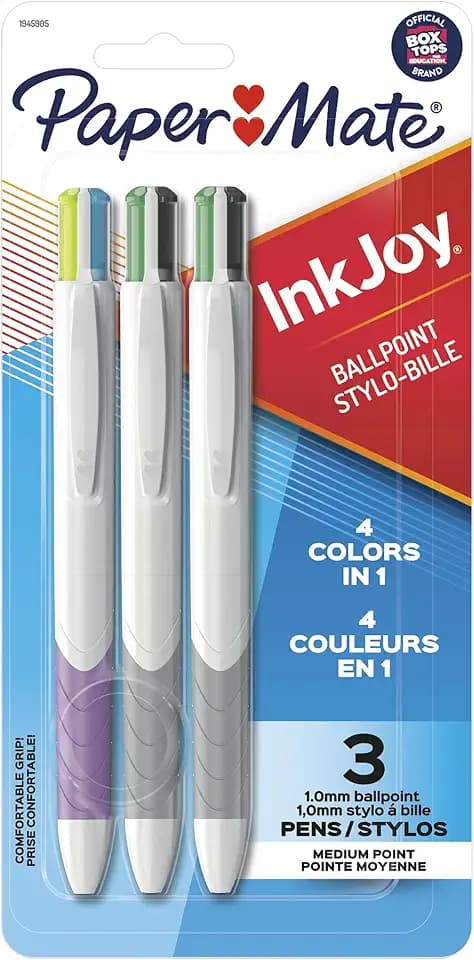Paper Mate InkJoy Quatro Retractable Ballpoint Pens, 4 Colors in 1 Pen, Medium Point (1.0mm), 3 Count - Convenient, Note-Taking, Comfortable Grip, Ultra Smooth Ink
