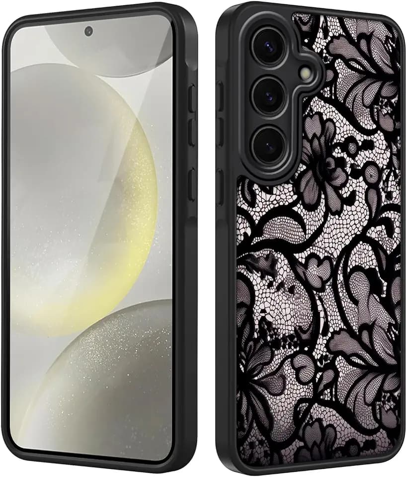 Tawarror Handyhülle für Samsung Galaxy S24 5G Hülle, Matt Transluzente Aesthetic Lace Blumen Muster Schutzhülle PC Rückseite Kratzfest TPU Fallschutz Stoßfest Anti-Fingerabdruck Case, Schwarz