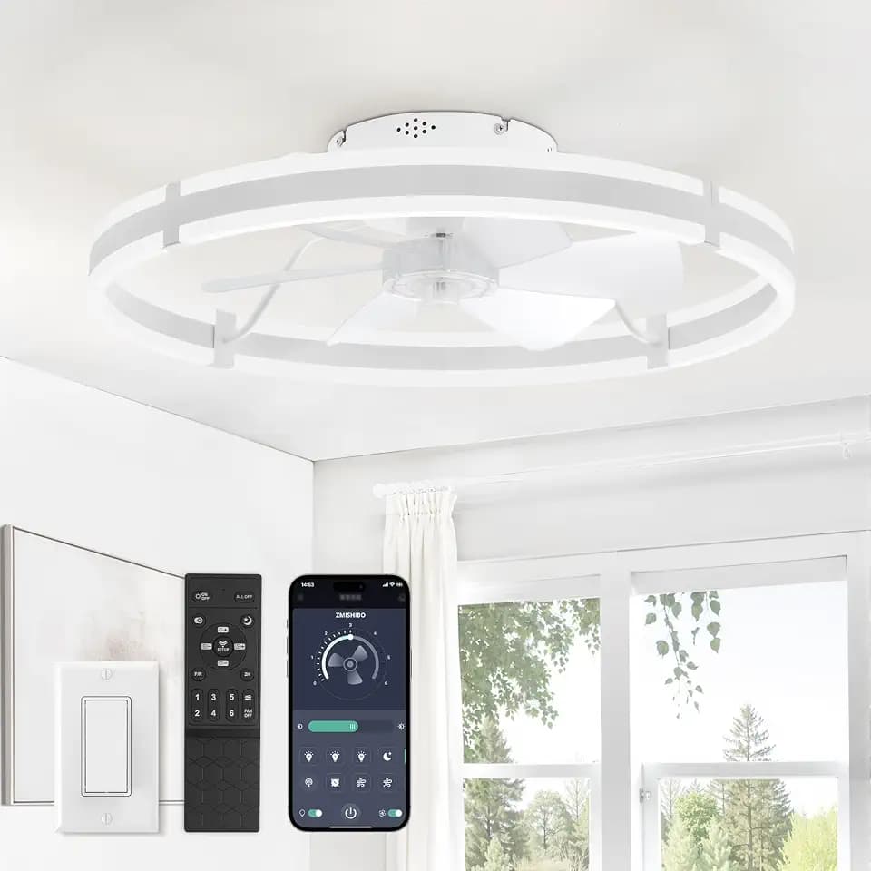 ZMISHIBO 24 Inch Ceiling Fans with Lights and Remote, Modern Low Profile Ceiling Fan, 3000-6000K Dimmable Flush Mount LED Fan Light, 6 Wind Speeds, Fandelier Ceiling Fans for Bedroom- White