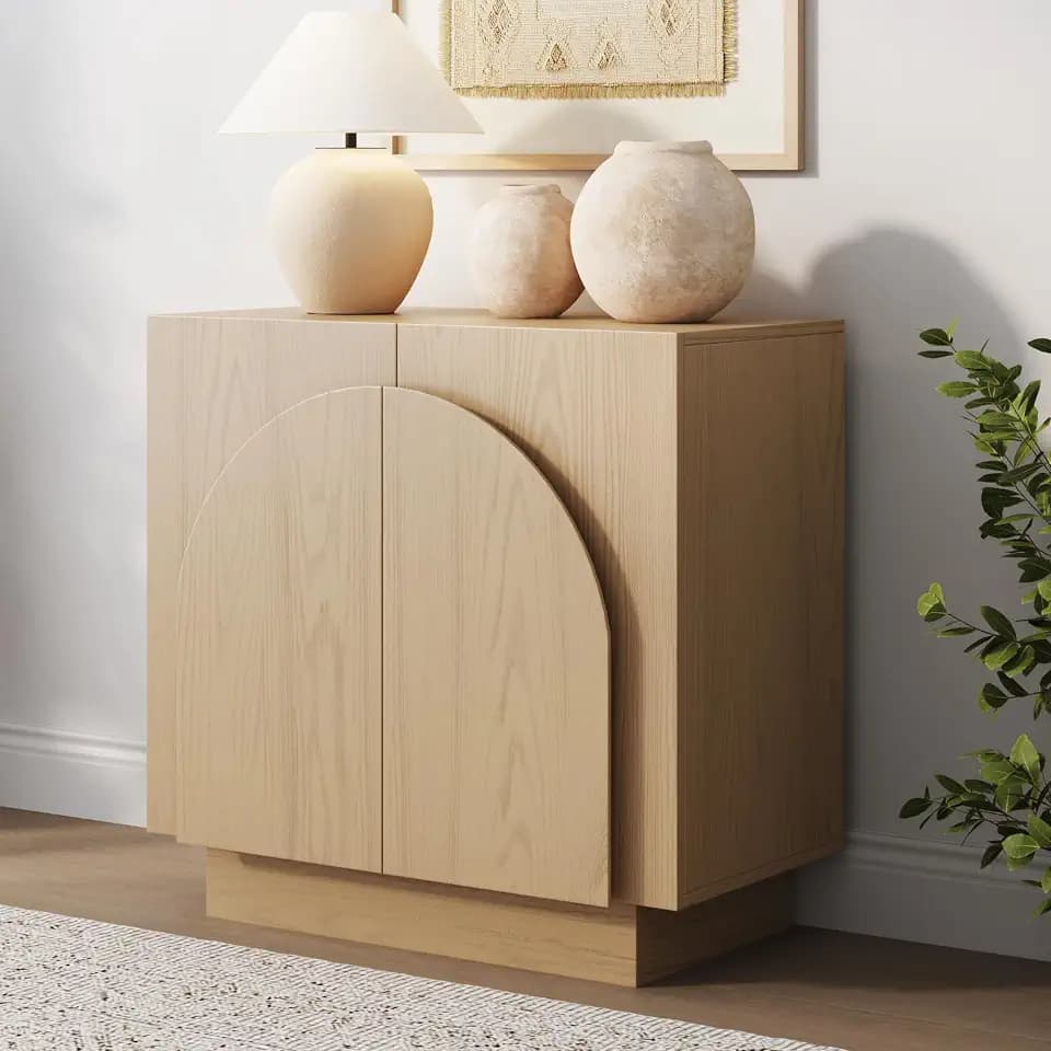 Nathan James Iris Mid-Century Modern Credenza, Light Brown Sideboard Buffet, Living Room Wood Storage Cabinet with Arched Cabinet Doors, White Oak