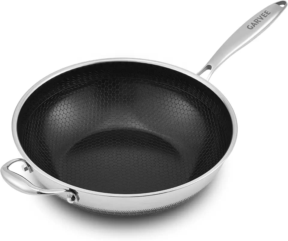 12 inch Wok pan,PFOA Free Cookware,Non Stick Stainless Steel Woks & Stir-fry pans Nonstick, Dishwasher and Oven Safe, Works on Induction