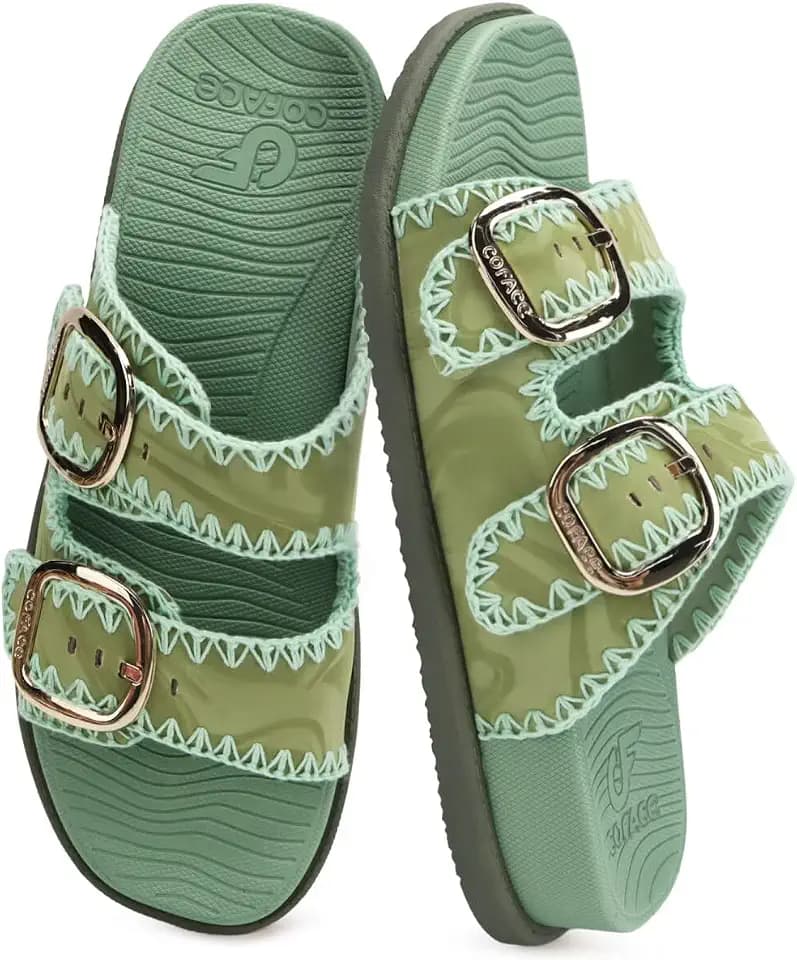COFACE Women's Stiched Trendy Summer Sandals Cloud Soft Cushioned Beach Slides Pattened Upper Double Adjustable Strap Big Buckle Open Toe Slip On Trending Flat Sandals for Vacations Outfit Size 6-12