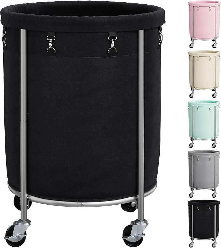 ELYKEN Laundry Basket with Wheels, Round Rolling Laundry Hamper, Black