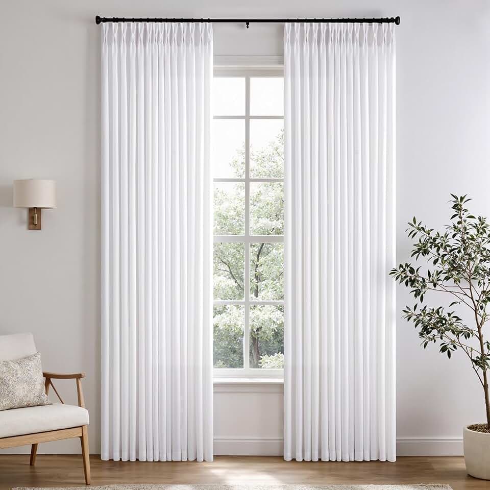 ANRODUO Pure White Pinch Pleated Linen Curtains 108 Inches Long 2 Panels
