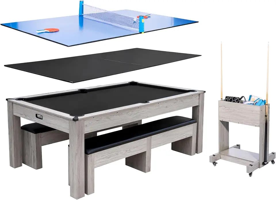 Garvee 7FT 3-in-1 Pool Table with Dining Top & Table Tennis, Multi Game Billiard Table Set with HDF Wood Grain Finish, Includes Cues, Balls, Ping Pong Paddles and Rolling Storage Caddy