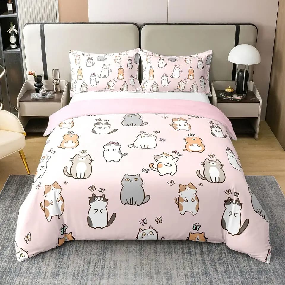 Erosebridal Cartoon Cat 100% Cotton Duvet Cover Full,Kawaii Cat Butterfly Bedding Set for Girls Kids Teens,Cute Garfield Kitten Comforter Cover,Pet Animals Theme Quilt Cover 3 Pieces,Pink