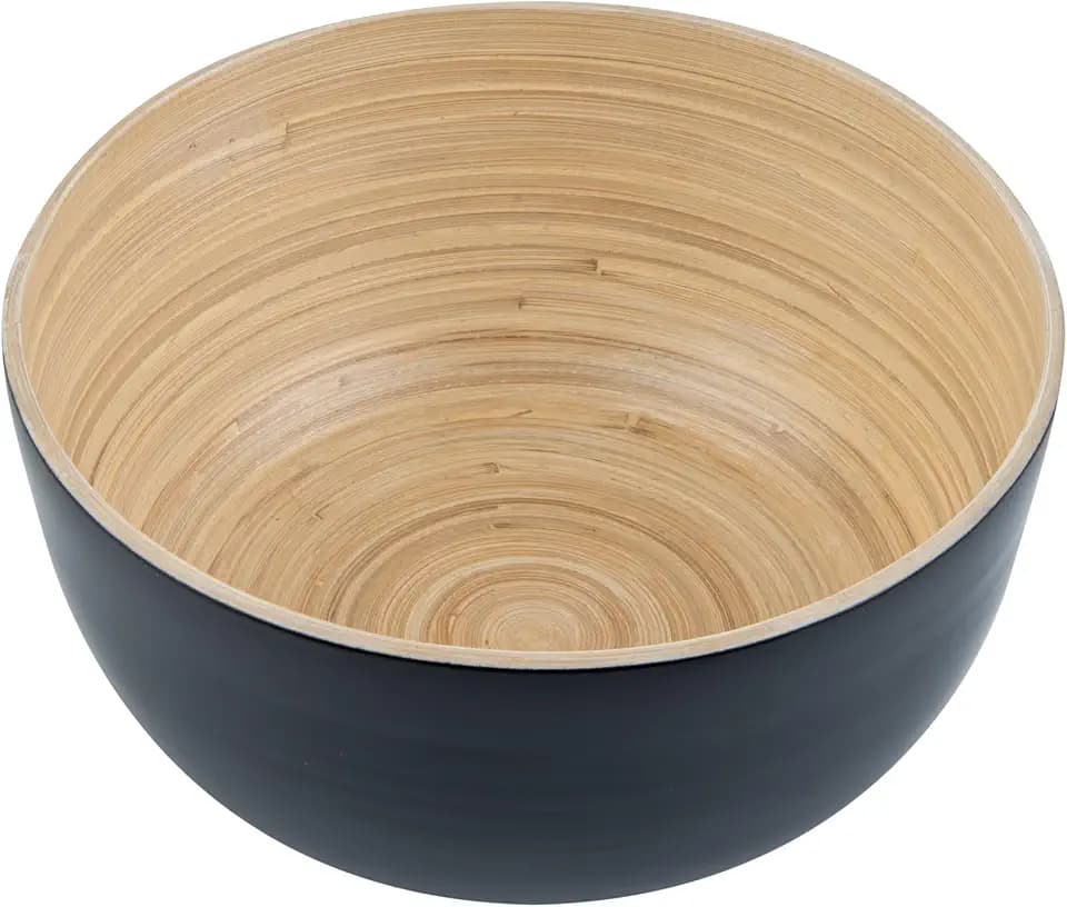Restaurantware Bamboo Salad Bowl 1 Count 25 Oz Greaseproof Freezable Round Serving Bowl, Hot and Cold Food Friendly Handmade Bamboo Serving Utensils, Black