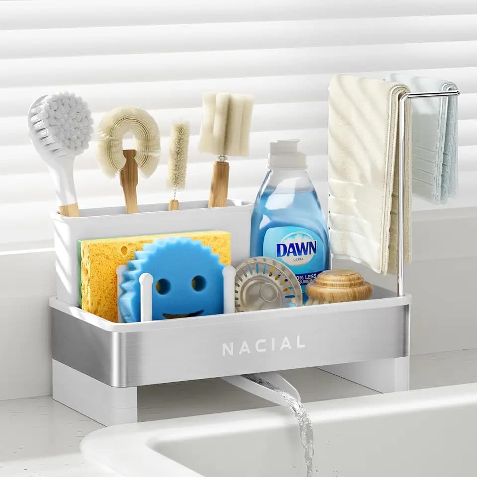 Nacial Kitchen Sink Organizer, Sink Caddy with Sponge & Tall Brush Holder