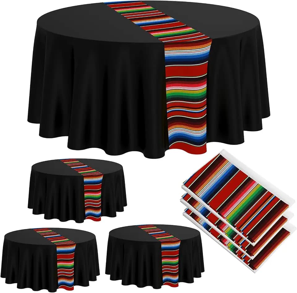 Oudain 6 Pcs Mexican Round Tablecloths, Fiesta Tablecover, Black