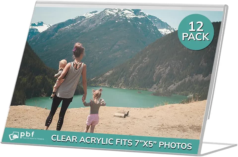 pbf 7x5 Acrylic Sign Holder | 7 x 5 Horizontal Stand Up Slanted Sign Holder | Acrylic Stands for Display | Clear Picture Frame, Menu Table Top Stand, Plastic Flyer Holder (12-Pack)