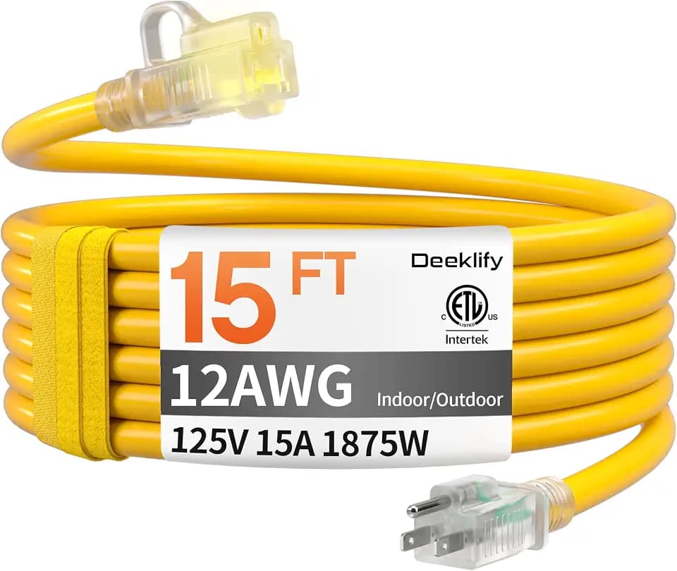 12 Gauge 15 FT Heavy Duty Outdoor Extension Cord Waterproof Yellow