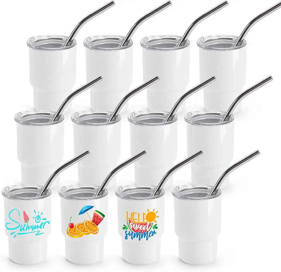 Joyclub 12 Pack 3 oz White Mini Tumbler with Lids and Straws Sublimation Shot Glasses