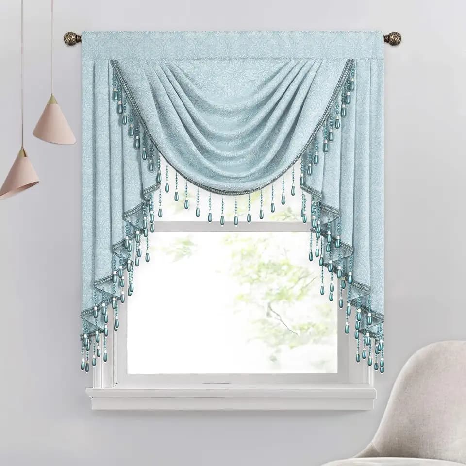 VOGOL Blue Vintage Waterfall Valance, 39 Inches Wide Jacquard Swag Drapes, Not See Through Privacy Faux Linen Valance Curtain, 1 Panel