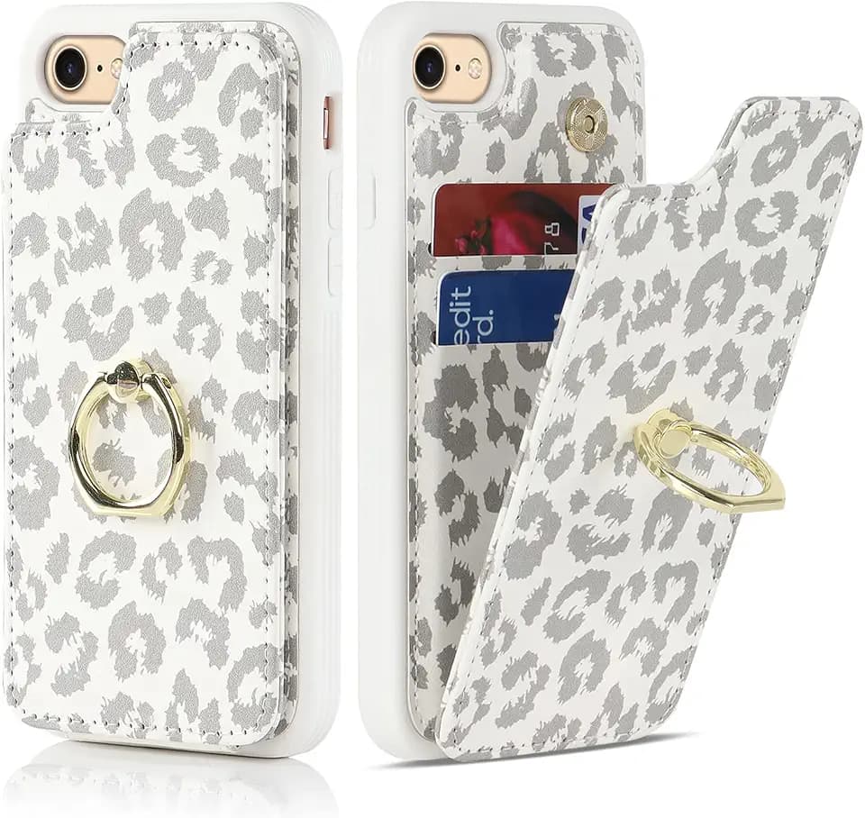 SailorTech für iPhone 7/8/SE2/SE3 Handyhülle mit Kreditkartenhalter für Frauen, iPhone 7/8/SE 2020/SE 2022 Hülle Ring-Ständer Kartenschlitze Standfunktion Modische Tasche für Männer-Weißer Leopard