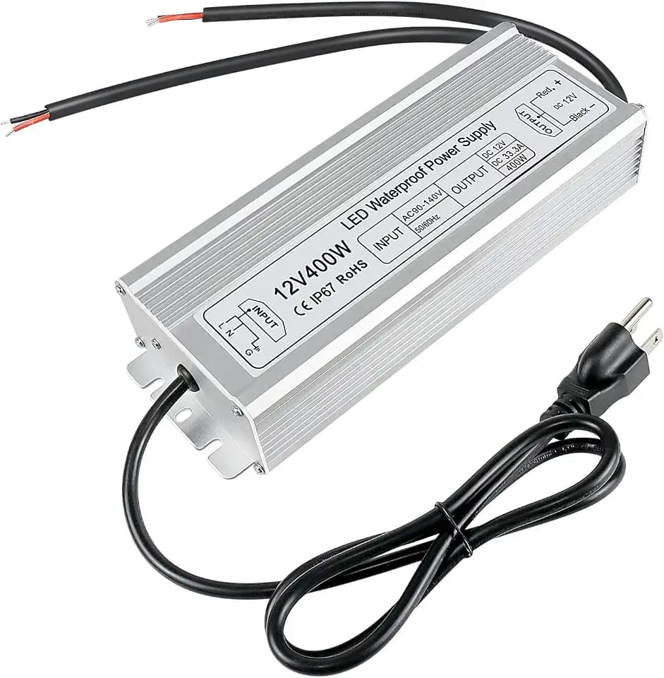 inShareplus 400W 12V Power Supply, IP67 Waterproof Outdoor LED Driver, AC 90-140V to DC 12 Volt 33.3A Converter, Low Voltage Transformer with 3-Prong Plug for LED Light and Other 12V DC Products
