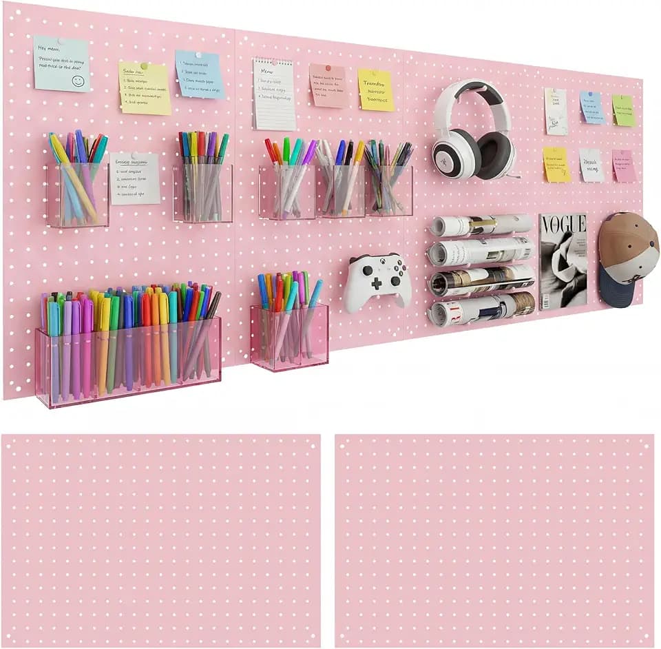2 Pcs 24”×16”Metal Pegboard Panels, Heavy Duty Peg Boards with Hooks, Steel Organization Panels for Garden Tool Storage, Walls Home, Office, Pink