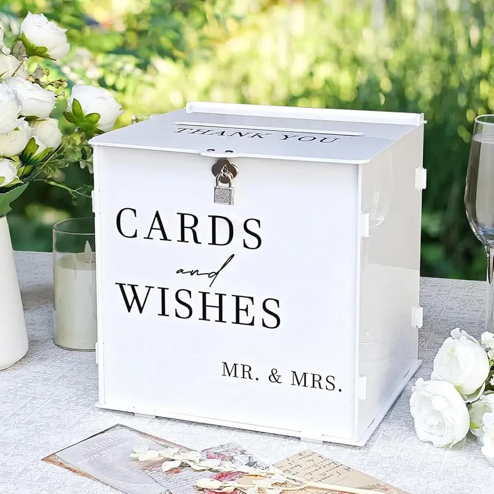 White Acrylic Card Box with Slot & Lock, DIY Large Wedding Card Boxes for Reception, Elegant Money Envelop Card Box for Party Wedding Birthday Baby Shower Graduation Table Decor