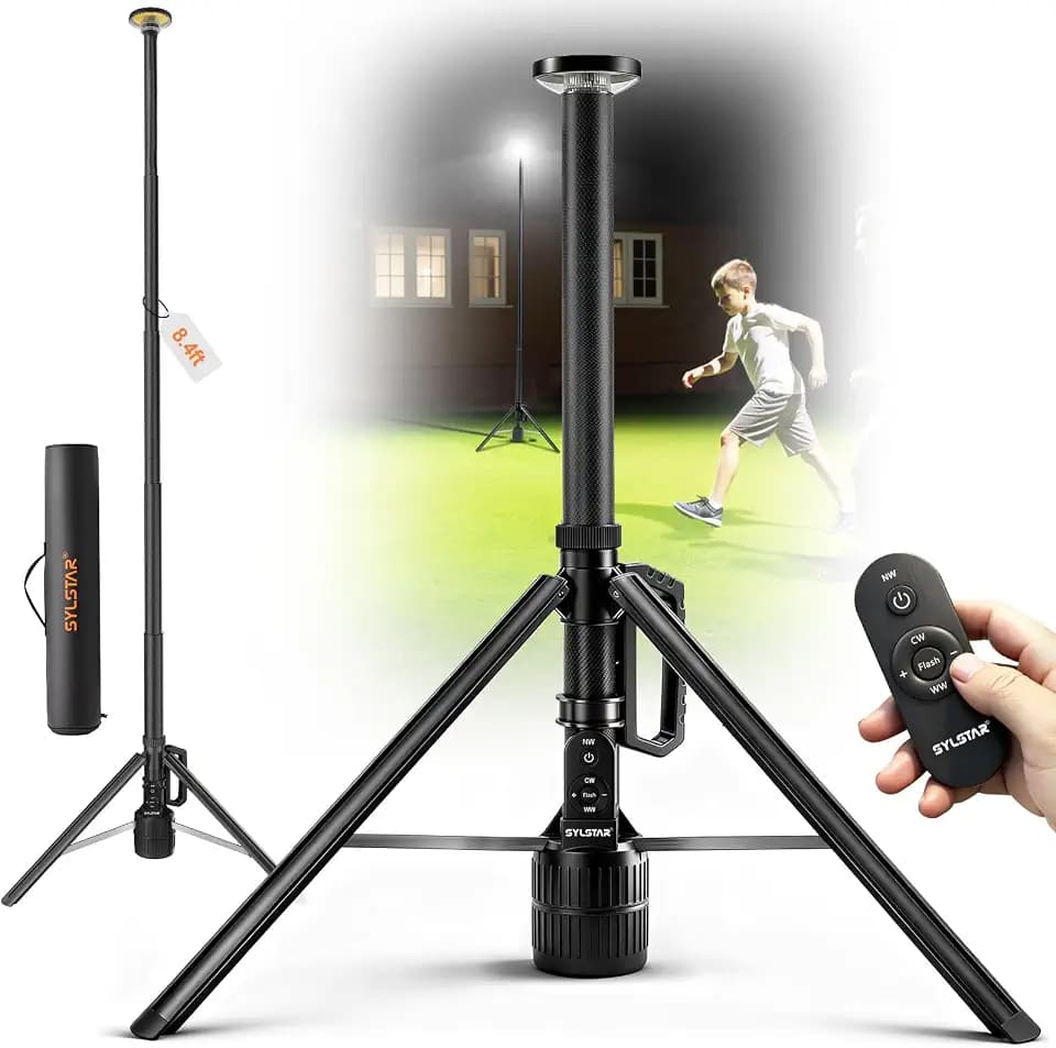 SYLSTAR 360° Rechargeable Work Light with Remote &Telescopic Stand (8.4Ft), 3000LM Ultra Bright, 8000mAh Battery, 3CCT Dimmable, Portable Camping Light for Jobsite Workshop Sports Emergencies(Black)