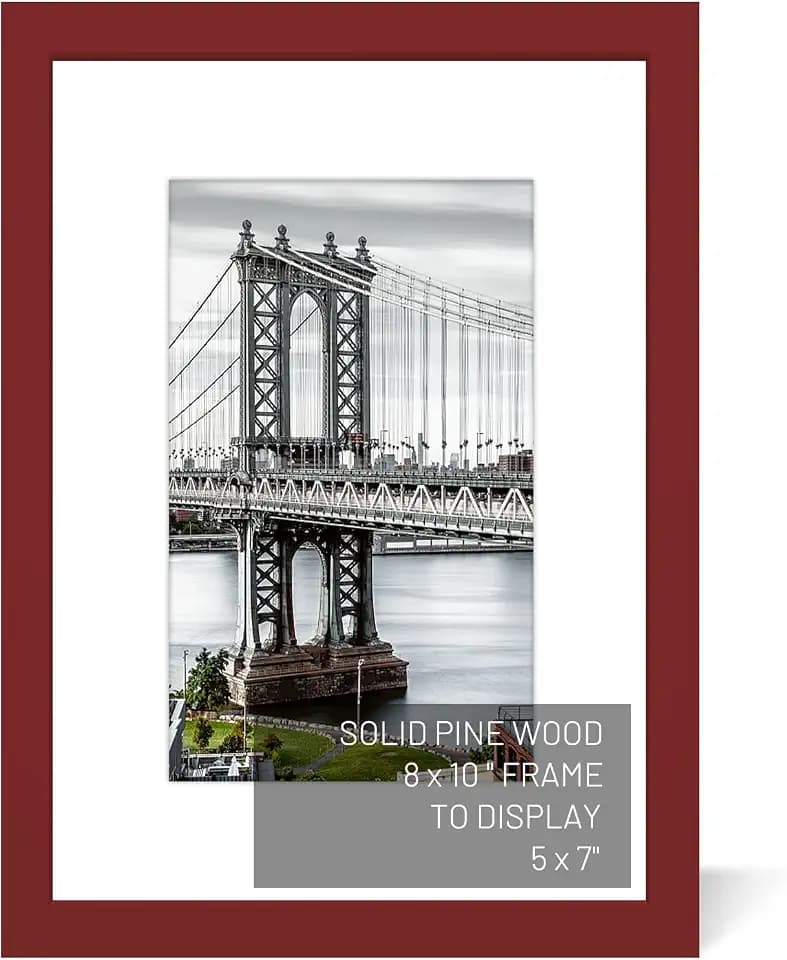 8x10 Solid Wood Picture Frames - 5x7 with Mat or 8x10 without Mat - Wall Mount or Table Top (Red)