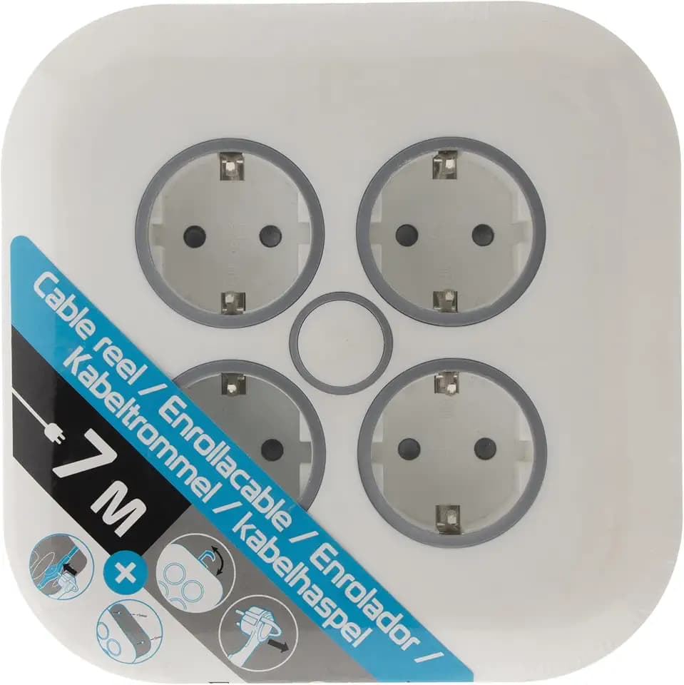 Zenitech, 4-fach Schuko-Steckdosenleiste, 7 m, weiß, mit HO5VV-F 3G1,5 mm² Kabel, einziehbarem Aufhängehaken, extraflachem Stecker, einfacher Wandmontage, integriertem Thermoschutzschalter