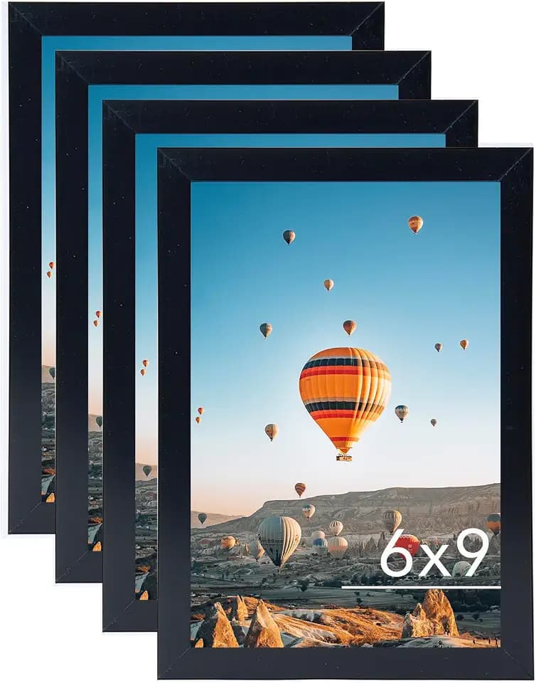 JCJMY 6x9 Picture Frame Set of 4 Black for Wall Hanging or Tabletop- Wall Mounting Horizontally or Vertically, 6 x 9 Wall Gallery Poster Photo Frames for 6 by 9 Photo,4 Pack, Black